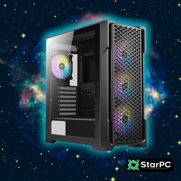 Colorful computer case from 'Star PC', showcasing high-quality components for reliable gaming PCs.